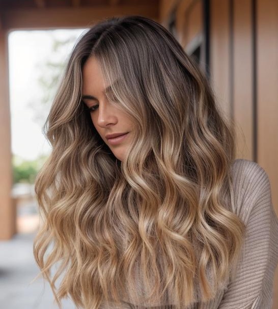 Dark Blonde Balayage on Wavy Long Hair