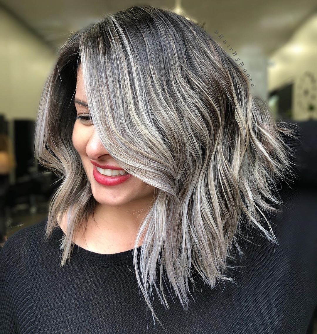 Brown and Gray Lob Cut for Thick Hair